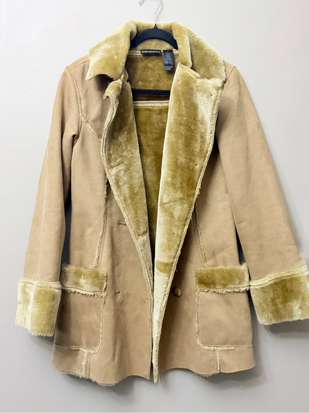 DKNY JEANS Faux Suede Faux Fur Lined Double Breasted Coat Caramel Tan Medium Y2K